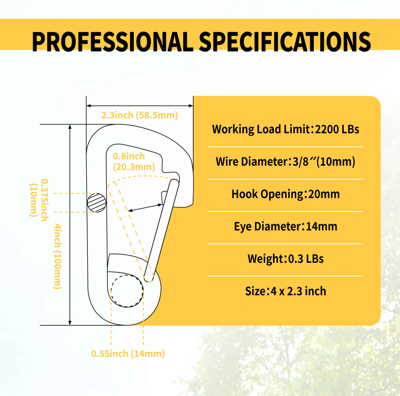 Professional specifications chart detailing the exact dimensions, eyelet diameter, and gate opening for the heavy-duty stainless steel rigging snap hook.