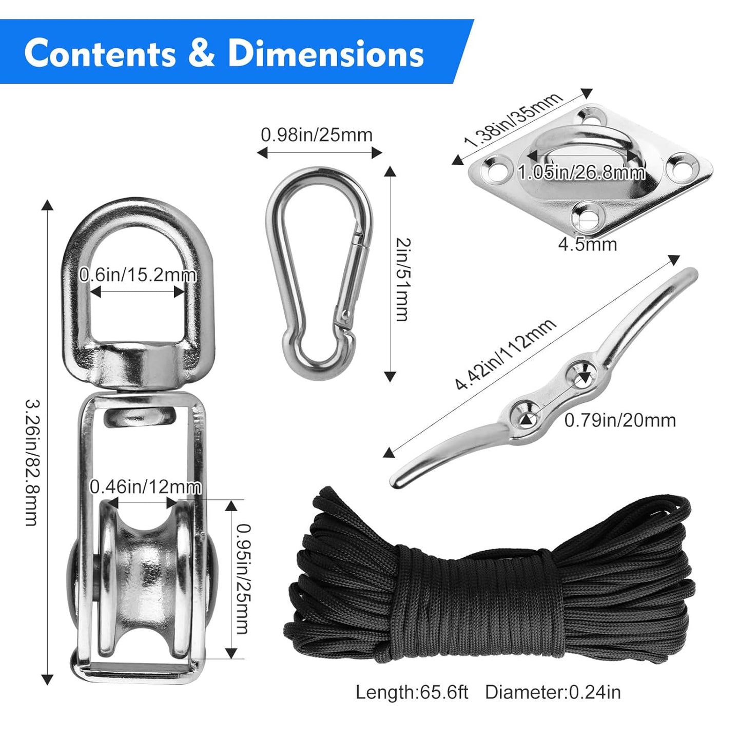 Detailed dimensions and included parts list for RiaYer pulley block and rope hoist system.