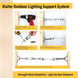 Product feature graphic highlighting PVC-coated stainless steel wire rope, installed over a cozy illuminated backyard patio for durable, sag-free ambient lighting.