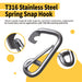 Product graphic highlighting the quick-close safety spring lock mechanism of the stainless steel carabiner, ensuring fast and secure rigging connections.