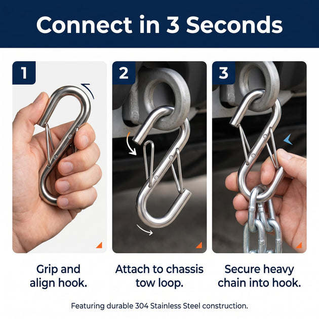 3 easy steps to quickly connect the safety chain hook to a trailer towing loop without tools