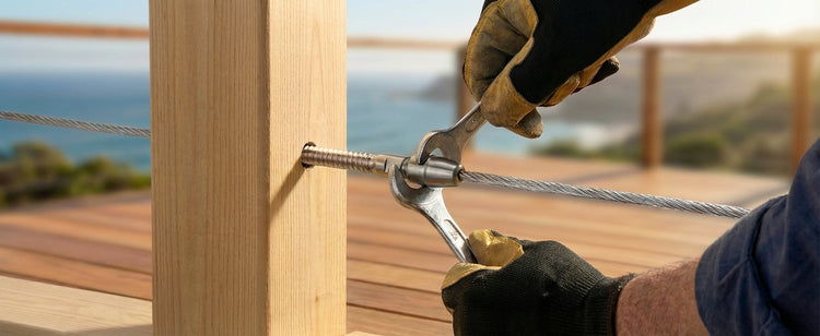 Quick-Lock swageless cable railing fitting tightened with wrenches on a wood post deck railing system