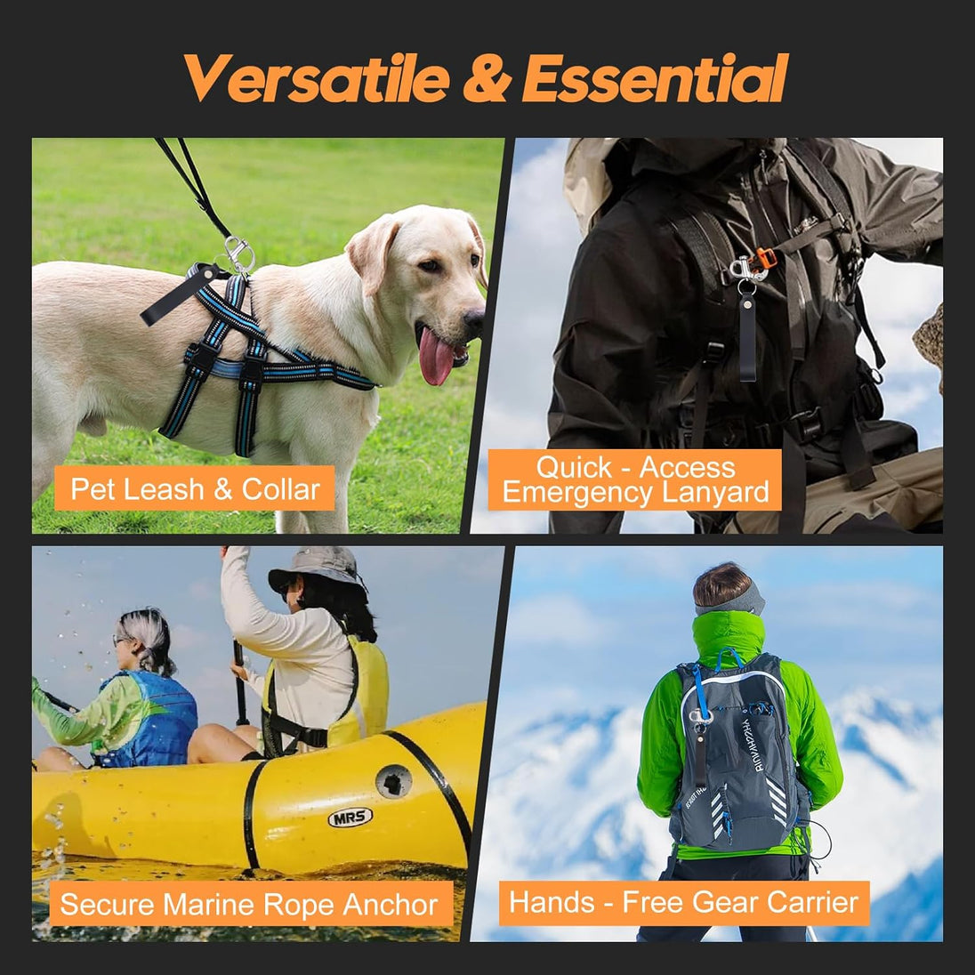 Versatile applications for RiaYer snap shackle including pet leashes, marine rigging, and gear carrying.