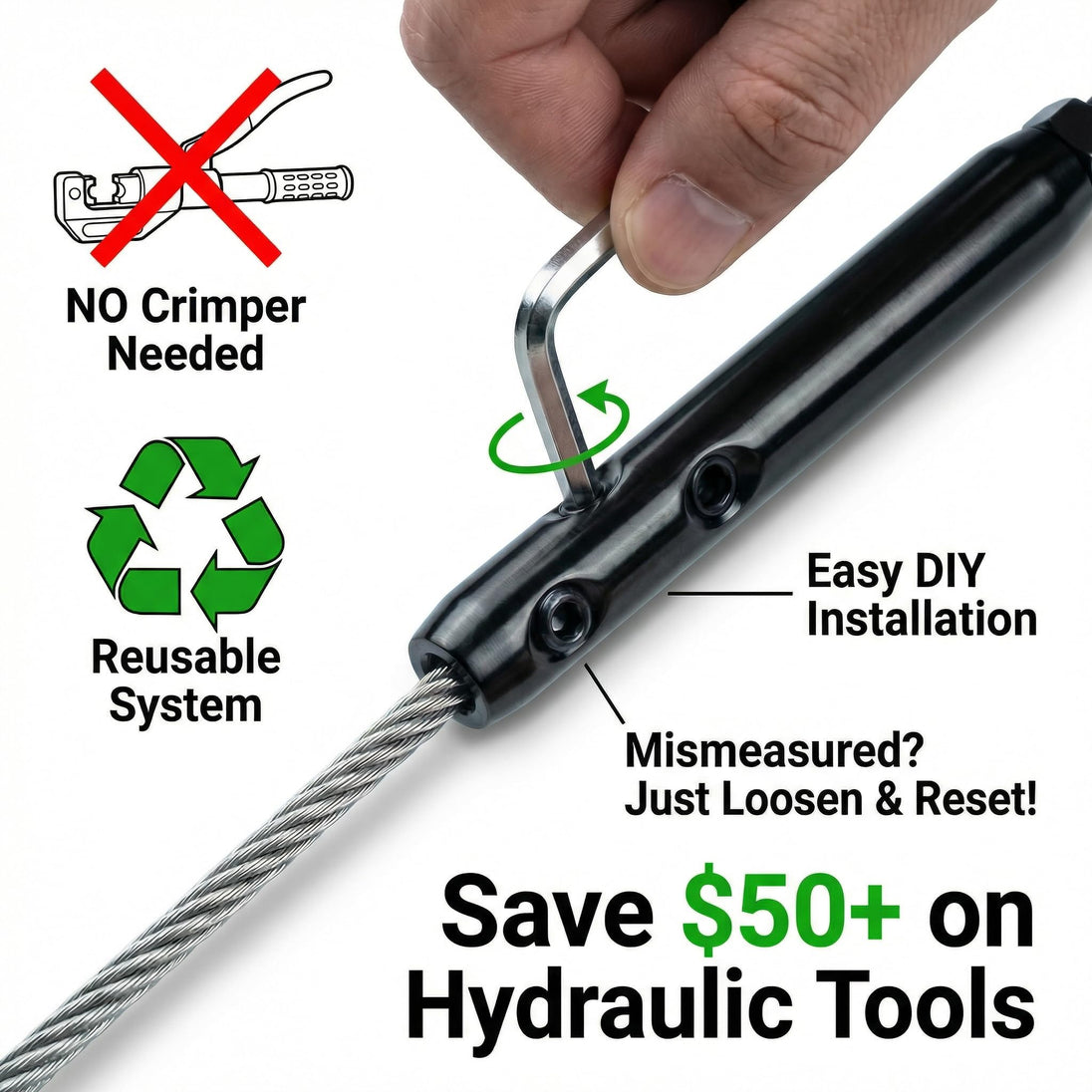 Easy DIY installation using a simple hex key. This black swageless and 100% reusable cable railing system requires NO hydraulic crimper, saving you over $50 on tools. Mismeasured? Just loosen and reset!