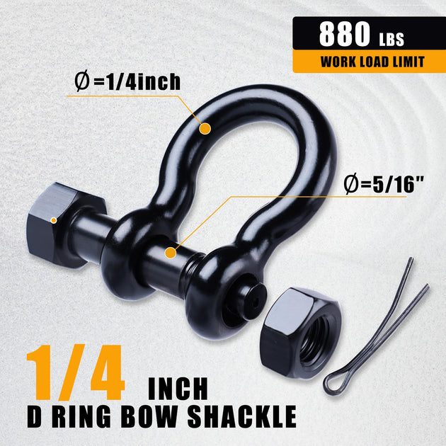RiaYer 1/4 inch bolt-type safety bow shackle with 880 lbs working load limit.