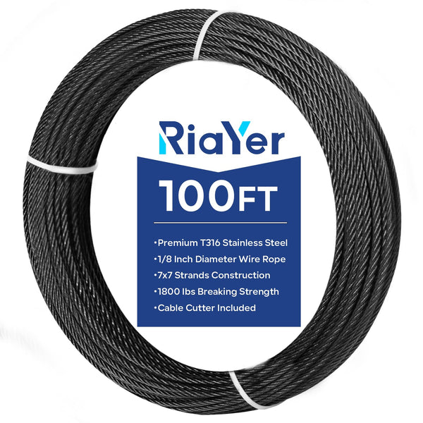 RiaYer 100FT roll of black 1/8 inch T316 stainless steel wire rope for cable railing.