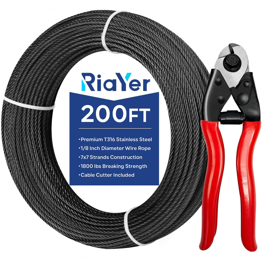 RiaYer 200FT roll of black 1/8 inch stainless steel wire rope, complete with a professional red handle wire cutter.