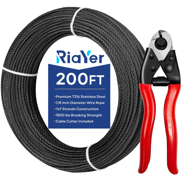 RiaYer 200FT roll of black 1/8 inch stainless steel wire rope, complete with a professional red handle wire cutter.