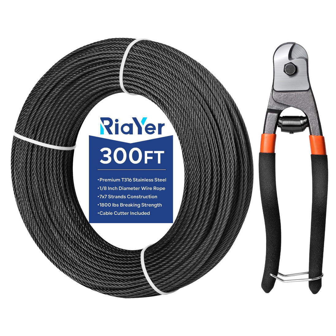 RiaYer 300FT length black cable railing wire rope, including a heavy duty black handle cable cutter tool.