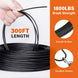 RiaYer 300FT black wire rope demonstrating 1800 lbs high break strength capacity.