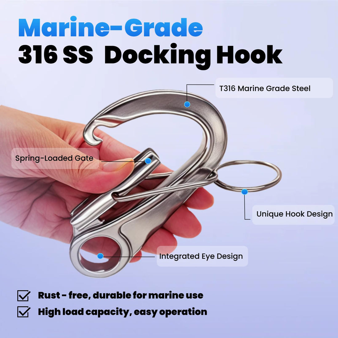 Key features of RiaYer 316 stainless steel docking hook including rust-free durability.