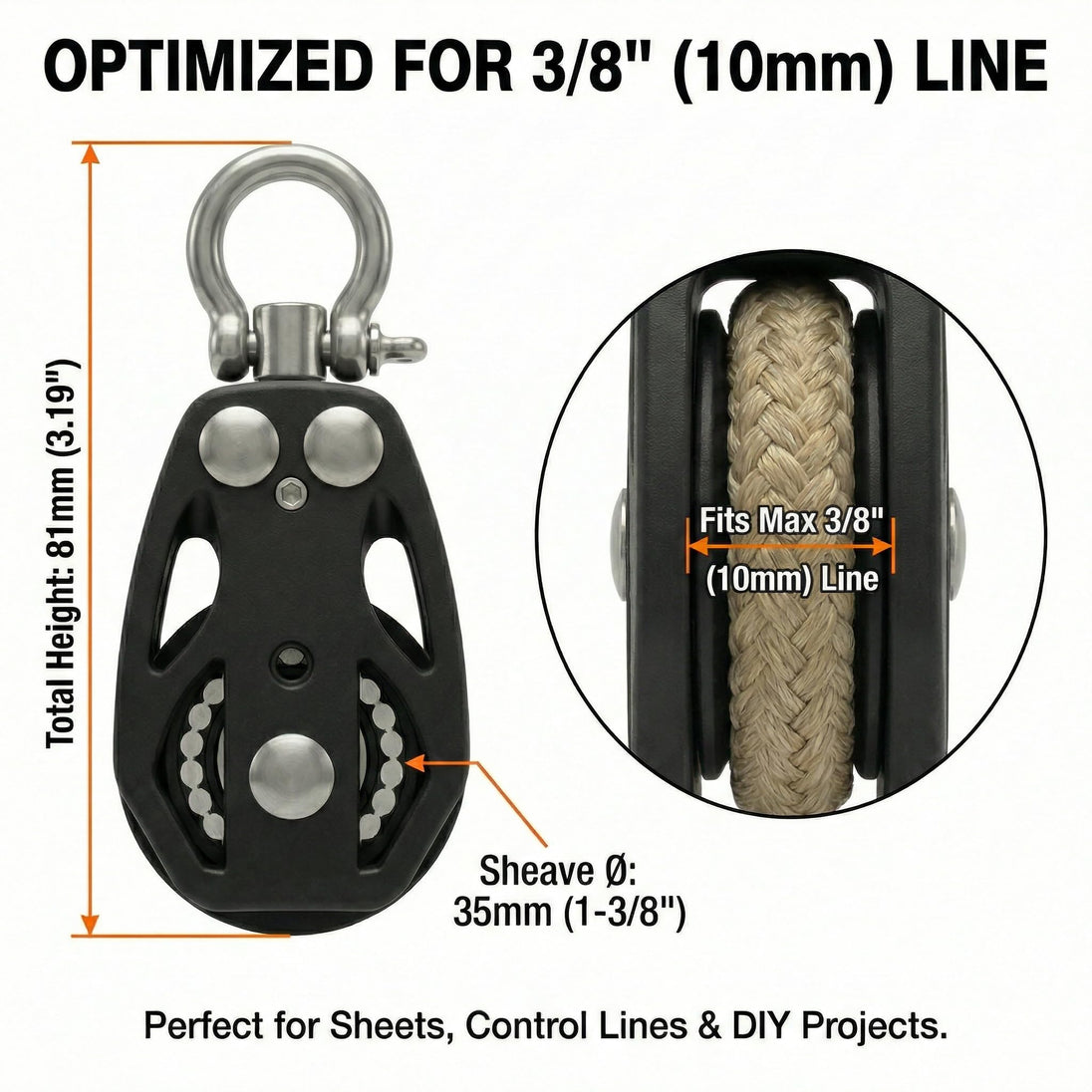 Dimensions of RiaYer 35mm sailing pulley block optimized for 3 by 8 inch rope lines