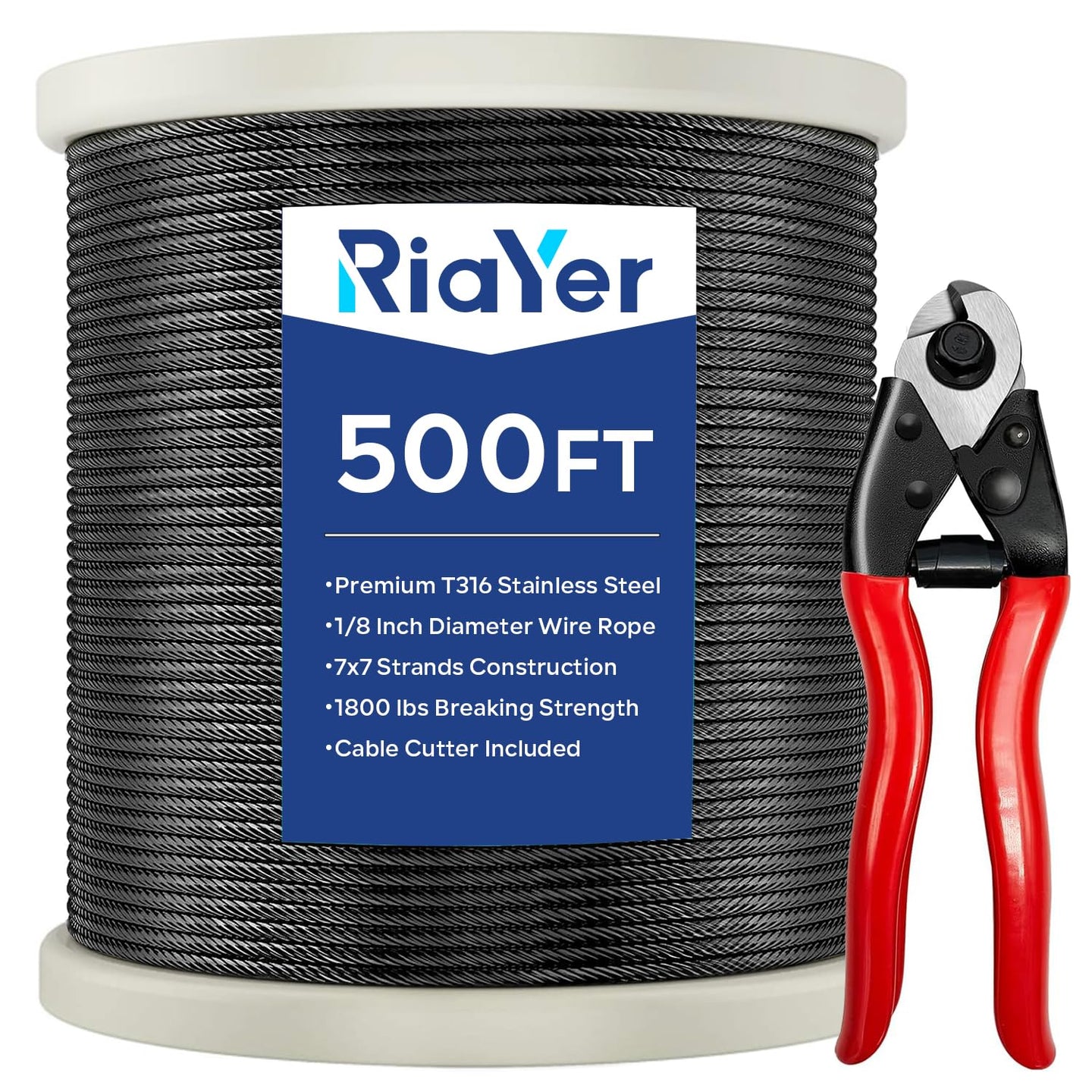 Large 500FT spool of RiaYer black 1/8 inch T316 stainless steel wire rope, packed with a wire cutter for big deck railing projects.