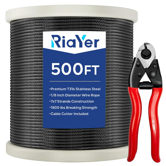 Large 500FT spool of RiaYer black 1/8 inch T316 stainless steel wire rope, packed with a wire cutter for big deck railing projects.