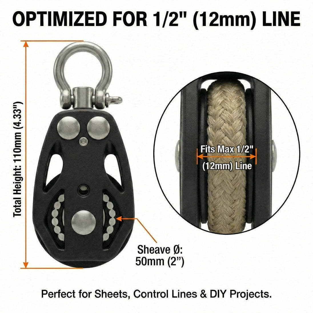 Dimensions of RiaYer 50mm marine pulley block optimized for 1 by 2 inch rope lines