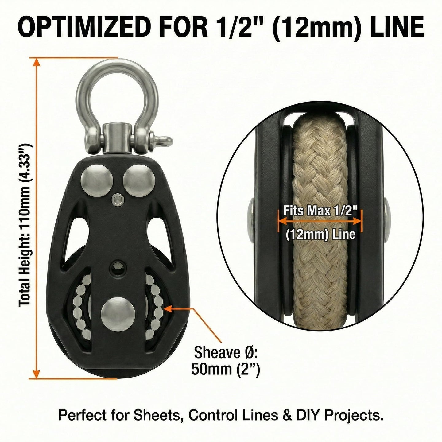 Dimensions of RiaYer 50mm marine pulley block optimized for 1 by 2 inch rope lines