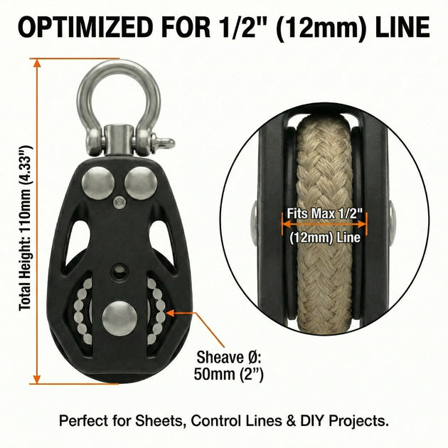 Dimensions of RiaYer 50mm marine pulley block optimized for 1 by 2 inch rope lines