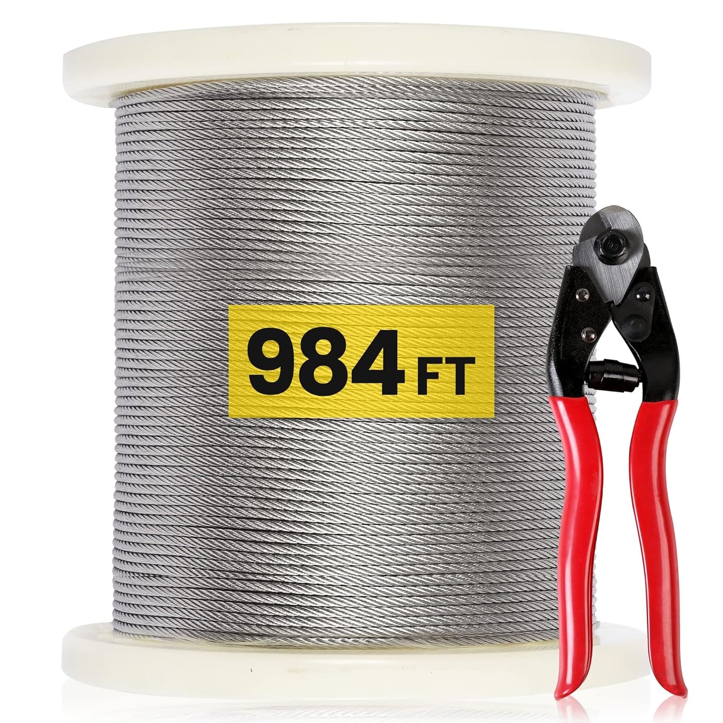 RiaYer 984FT bulk spool of 1/8 inch T316 stainless steel wire rope with cutter for cable railing.