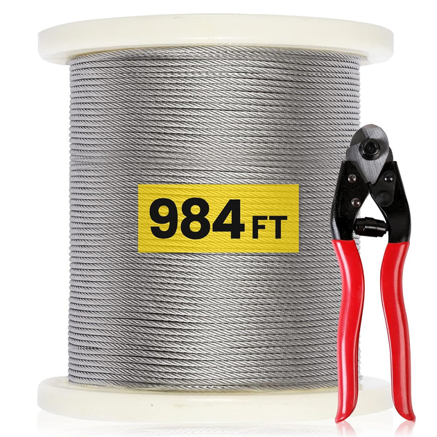 RiaYer 984FT bulk spool of 1/8 inch T316 stainless steel wire rope with cutter for cable railing.