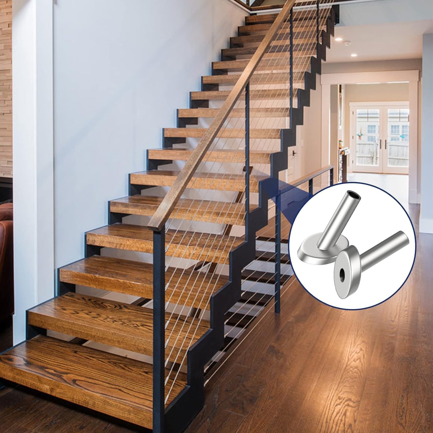 Modern indoor staircase with cable railing, featuring an inset graphic of RiaYer black angled protective sleeves.