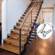 Modern indoor staircase with cable railing, featuring an inset graphic of RiaYer black angled protective sleeves.