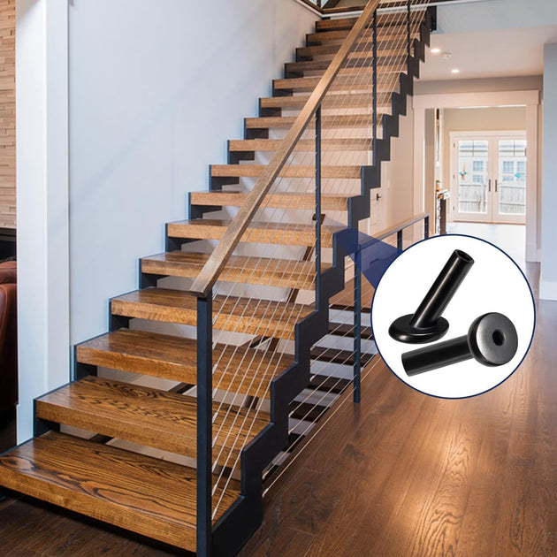 Modern indoor staircase with cable railing, featuring an inset graphic of RiaYer black angled protective sleeves.