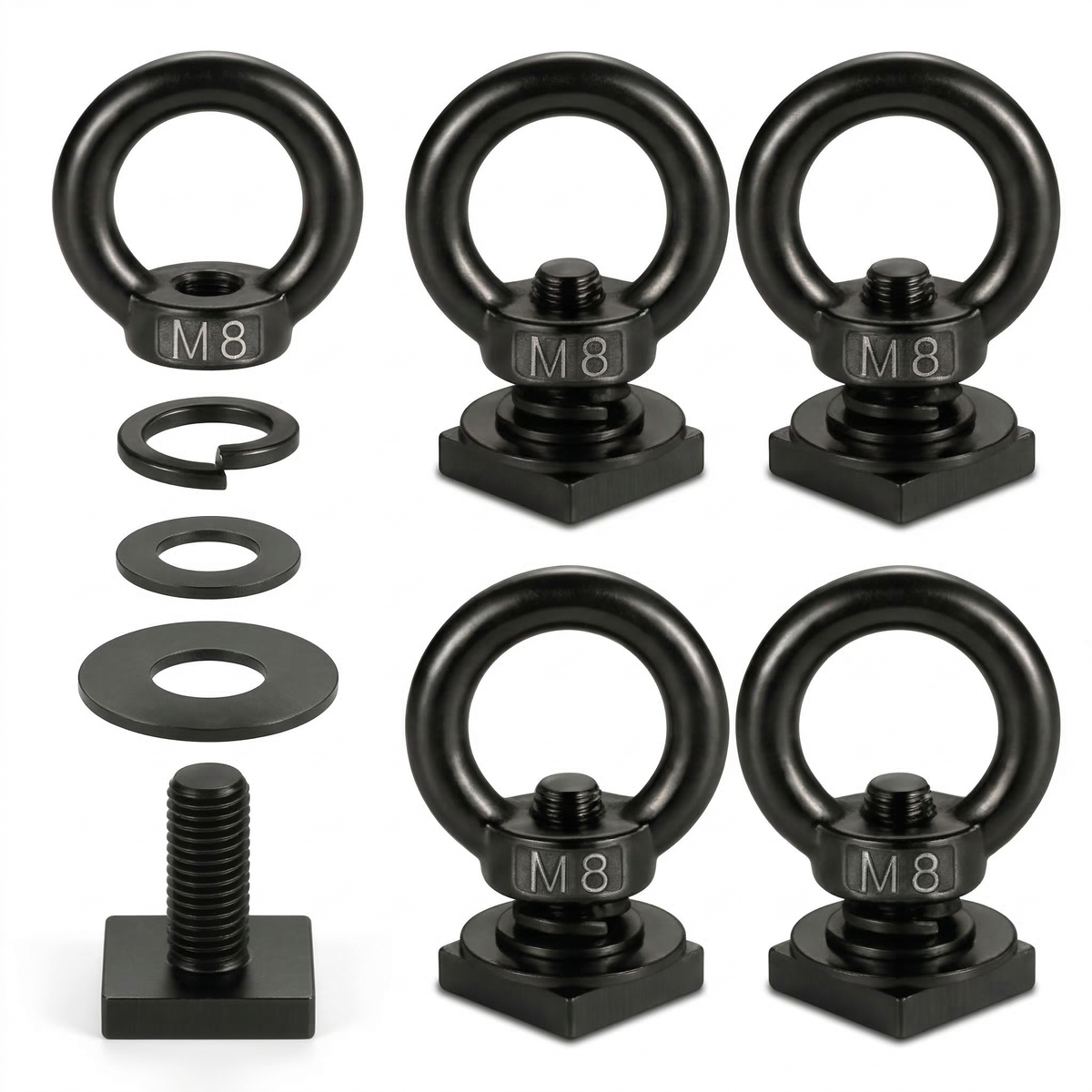 4 Pack of RiaYer black M8 T-track tie down anchors and T-slot bolts for roof racks.