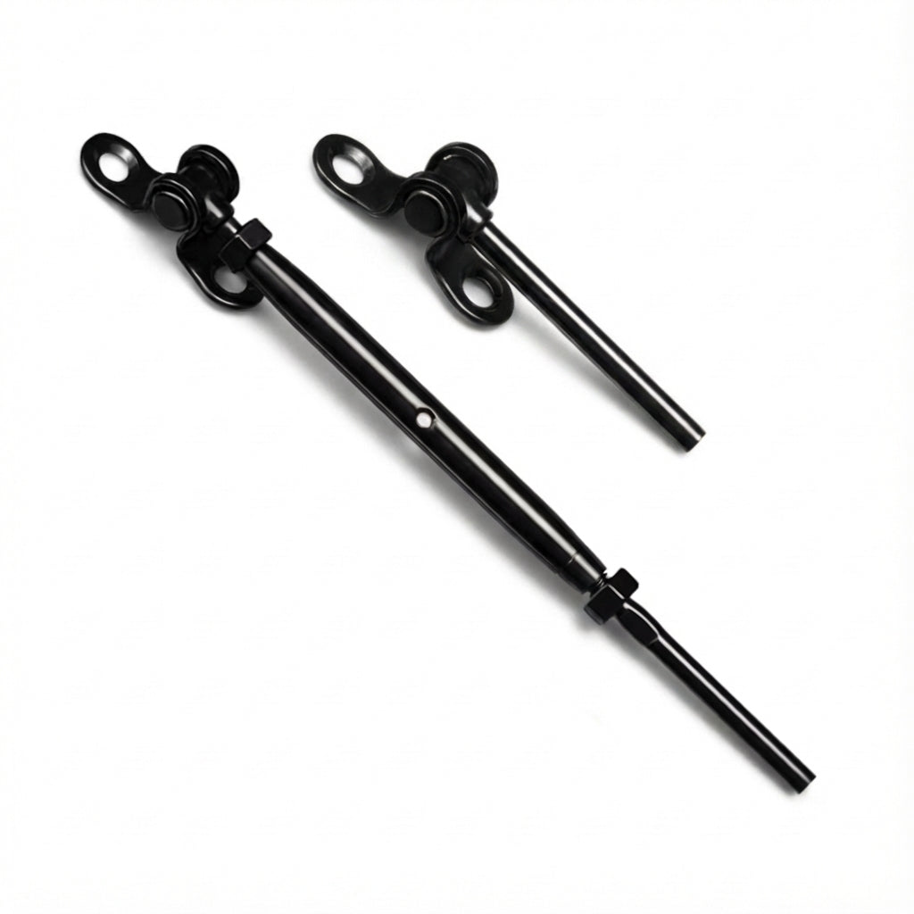 RiaYer black titanium PVD adjustable toggle turnbuckle kit for surface mounting on wood posts.