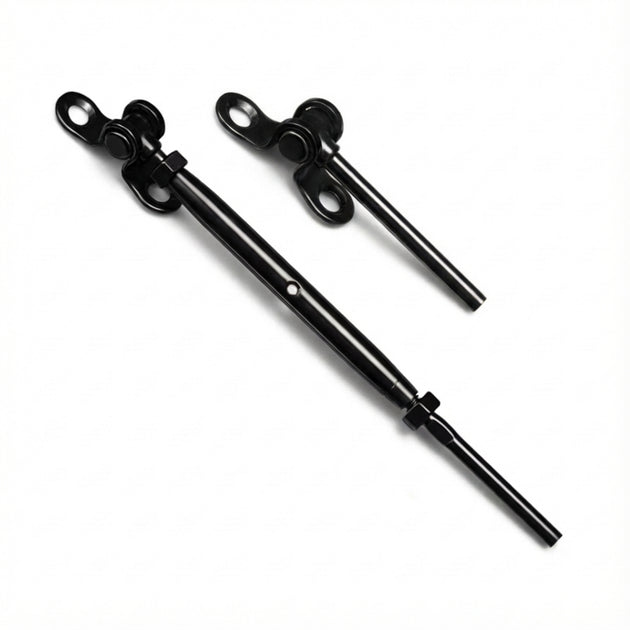 RiaYer black titanium PVD adjustable toggle turnbuckle kit for surface mounting on wood posts.
