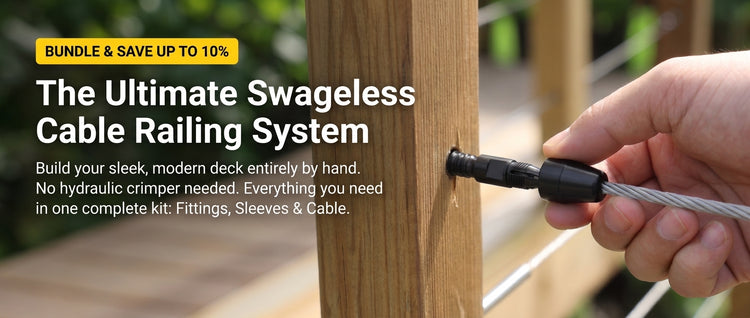 A hand installing a black RiaYer swageless invisible cable railing fitting into a clean wooden post. Promotional banner for 10% off bundle kits, highlighting no hydraulic crimper needed.