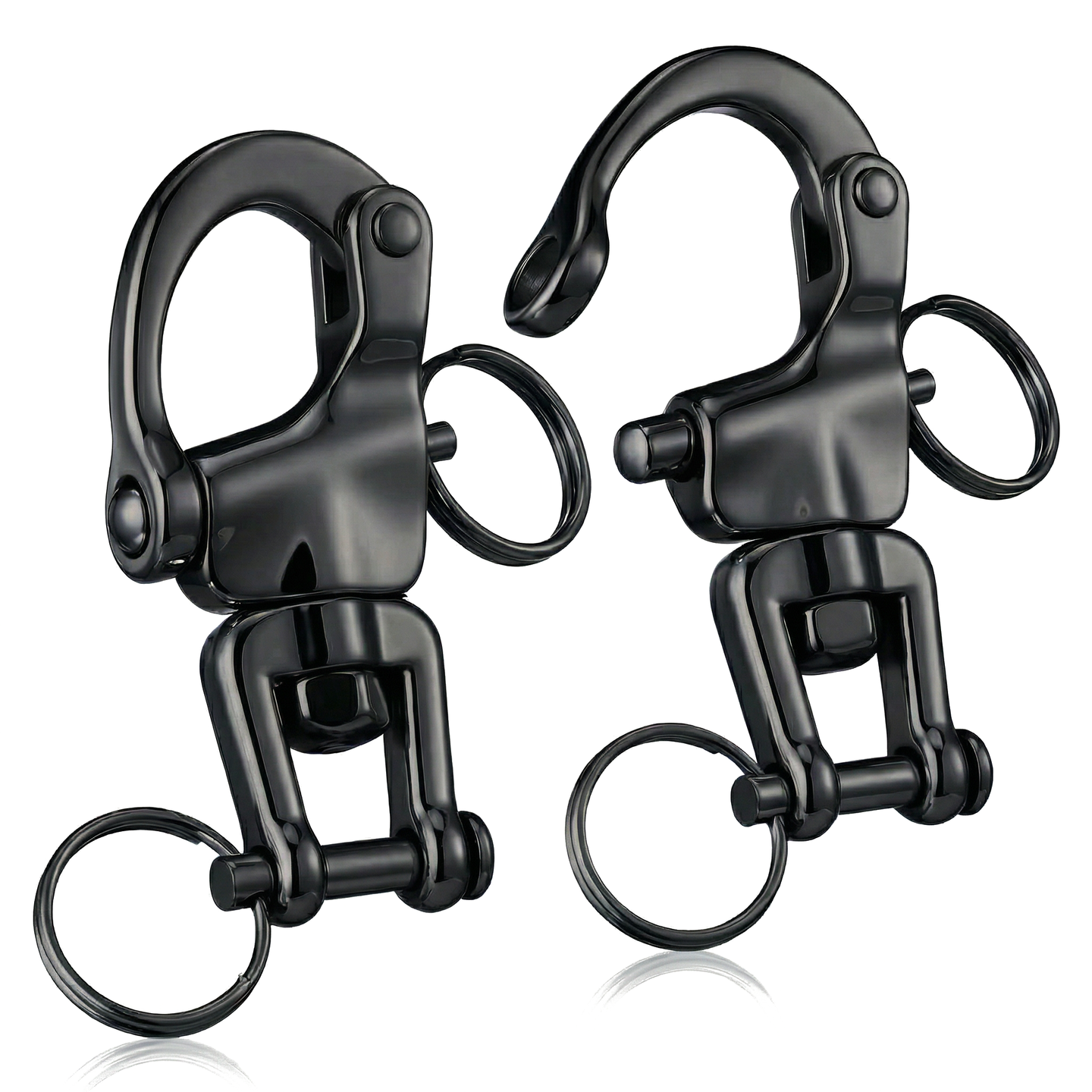 	2 Pack of RiaYer black oxidized T316 stainless steel swivel snap shackles for tactical and marine rigging.