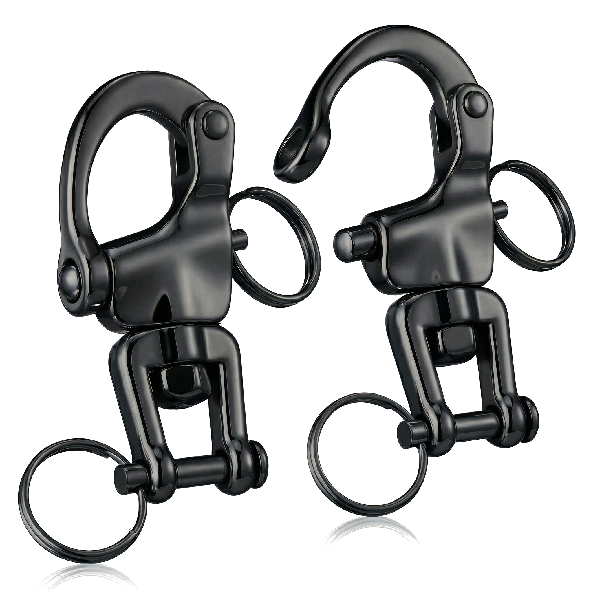 	2 Pack of RiaYer black oxidized T316 stainless steel swivel snap shackles for tactical and marine rigging.