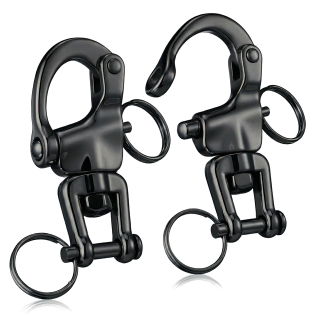 	2 Pack of RiaYer black oxidized T316 stainless steel swivel snap shackles for tactical and marine rigging.