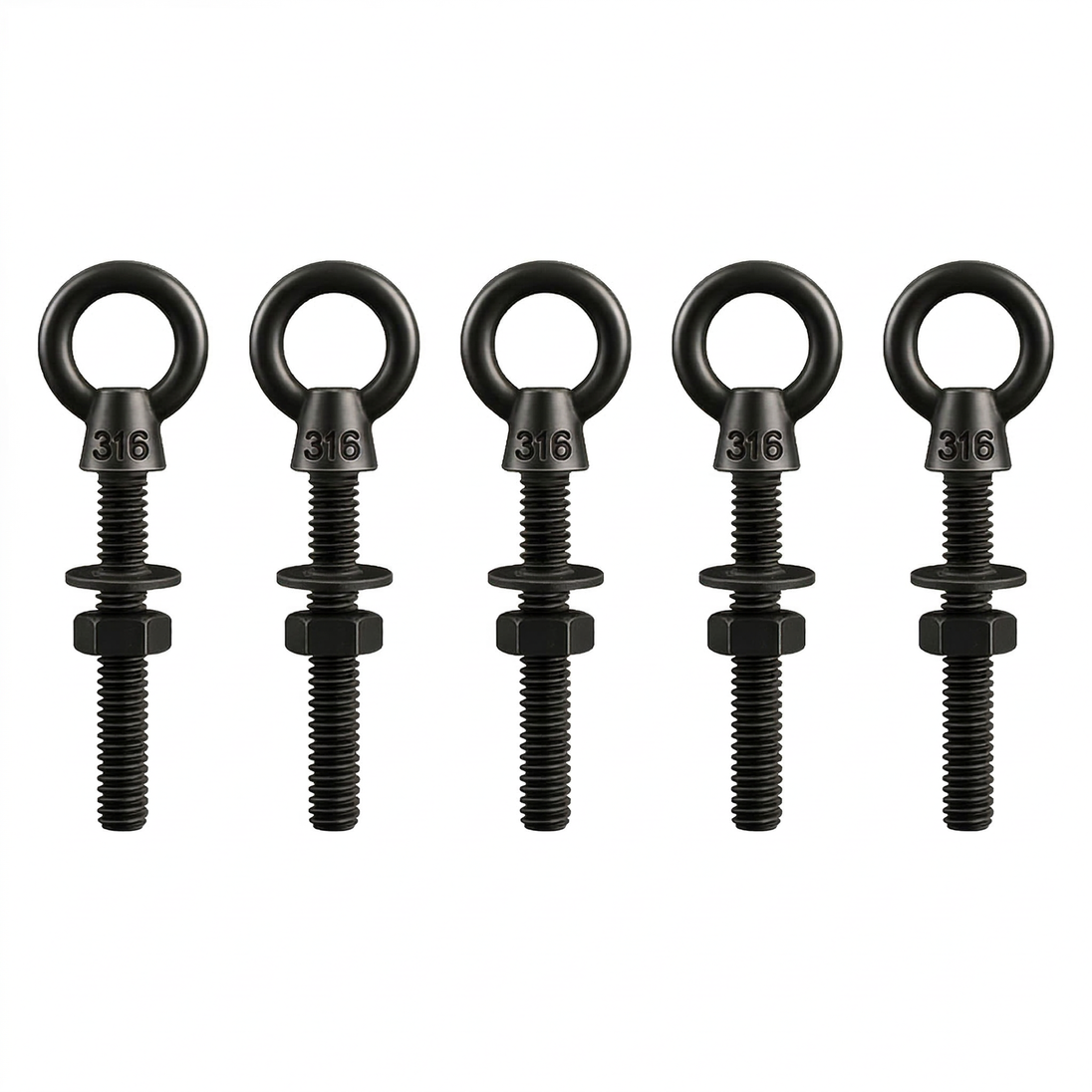 5 Pack of RiaYer black T316 stainless steel shoulder eye bolts 1/4 by 2 inch length.