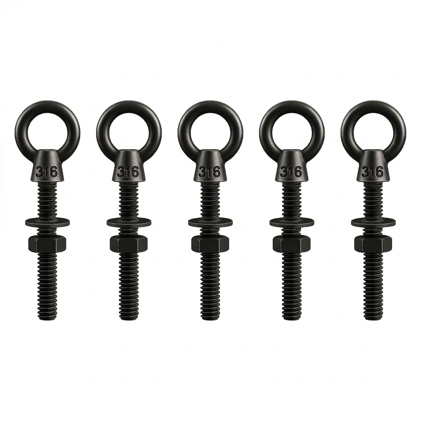 5 Pack of RiaYer black T316 stainless steel shoulder eye bolts 1/4 by 2 inch length.