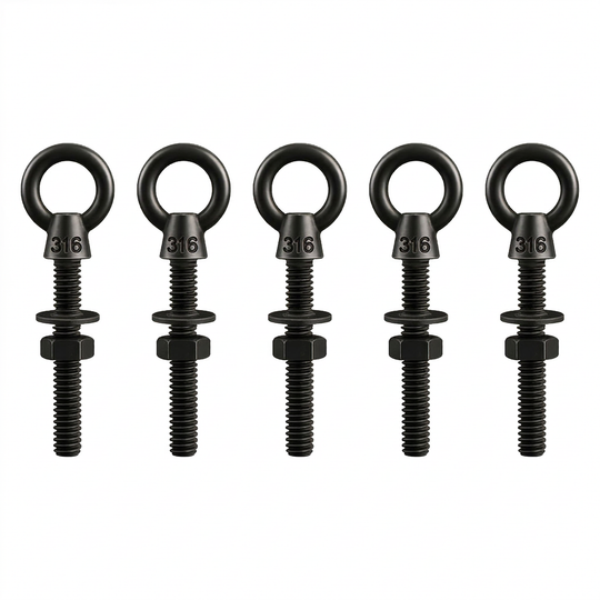 5 Pack of RiaYer black T316 stainless steel shoulder eye bolts 1/4 by 2 inch length.