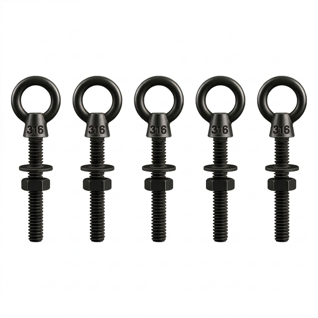 5 Pack of RiaYer black T316 stainless steel shoulder eye bolts 1/4 by 2 inch length.