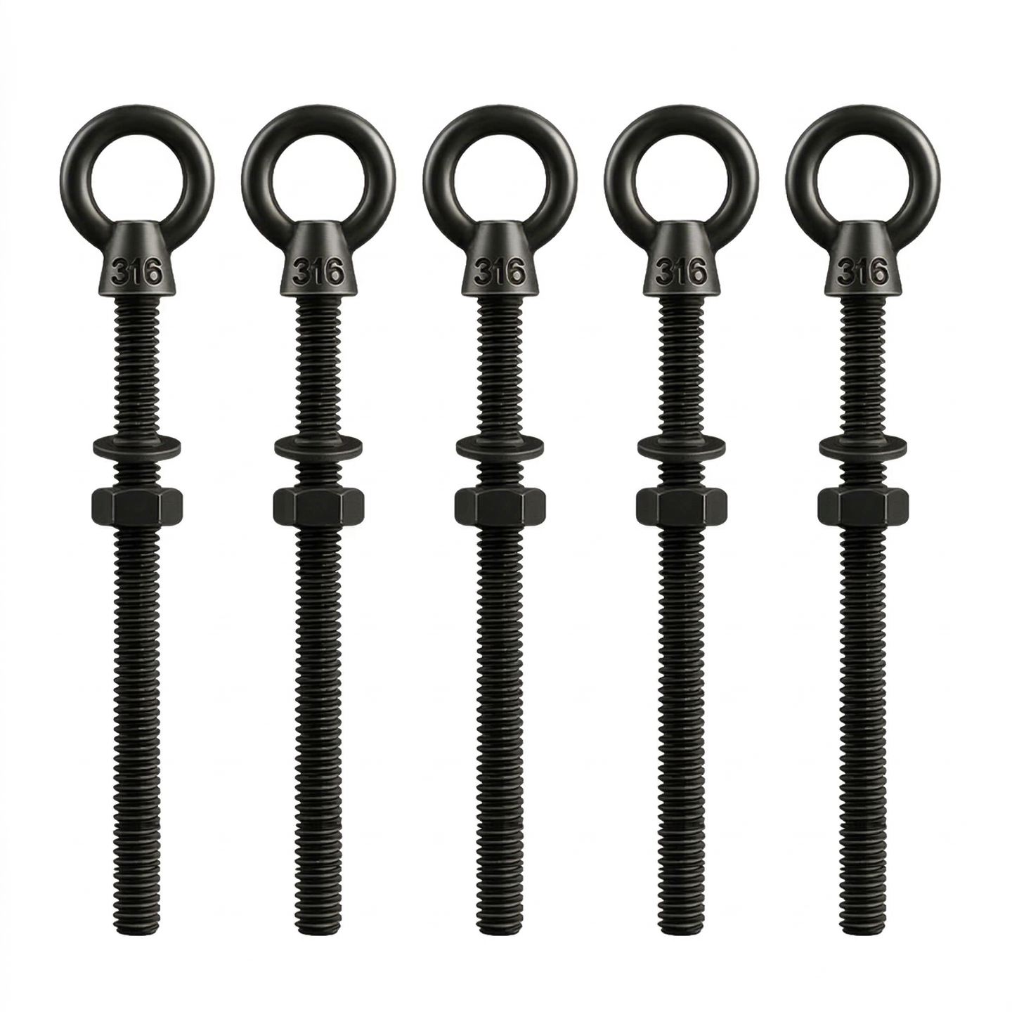 	5 Pack of RiaYer black T316 stainless steel extended shoulder eye bolts 1/4 by 4 inch length.