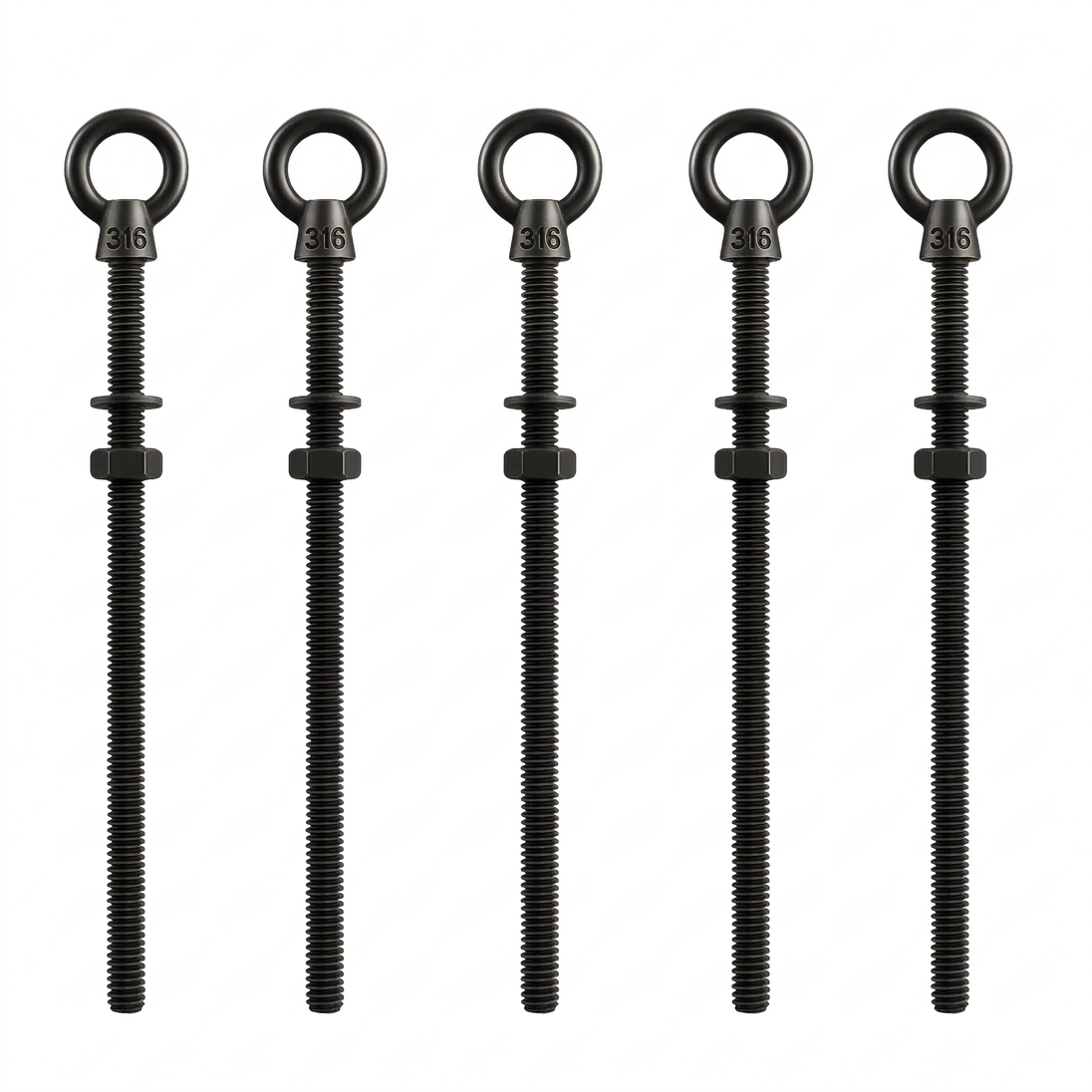 5 Pack of RiaYer extra long 6 inch black T316 stainless steel shoulder eye bolts for 4x4 posts.
