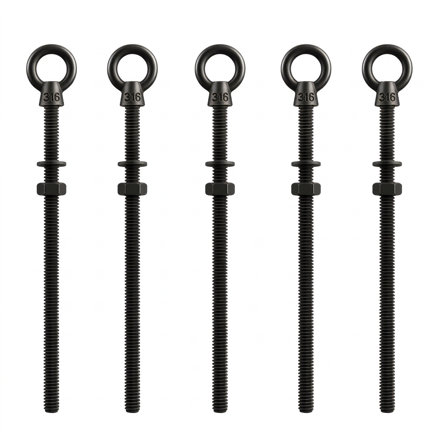 5 Pack of RiaYer extra long 6 inch black T316 stainless steel shoulder eye bolts for 4x4 posts.