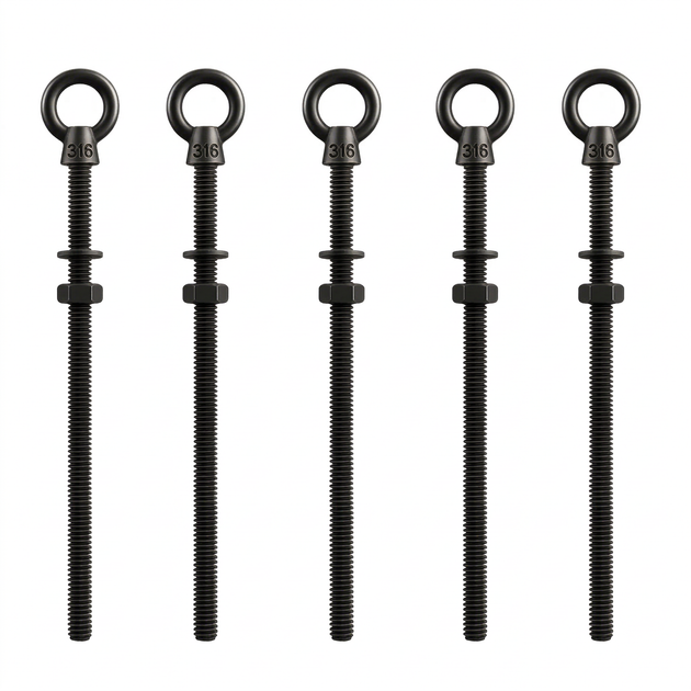 5 Pack of RiaYer extra long 6 inch black T316 stainless steel shoulder eye bolts for 4x4 posts.