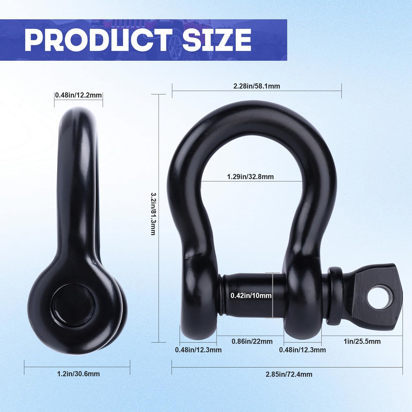 Product size and technical dimension diagram for RiaYer black bow shackle.