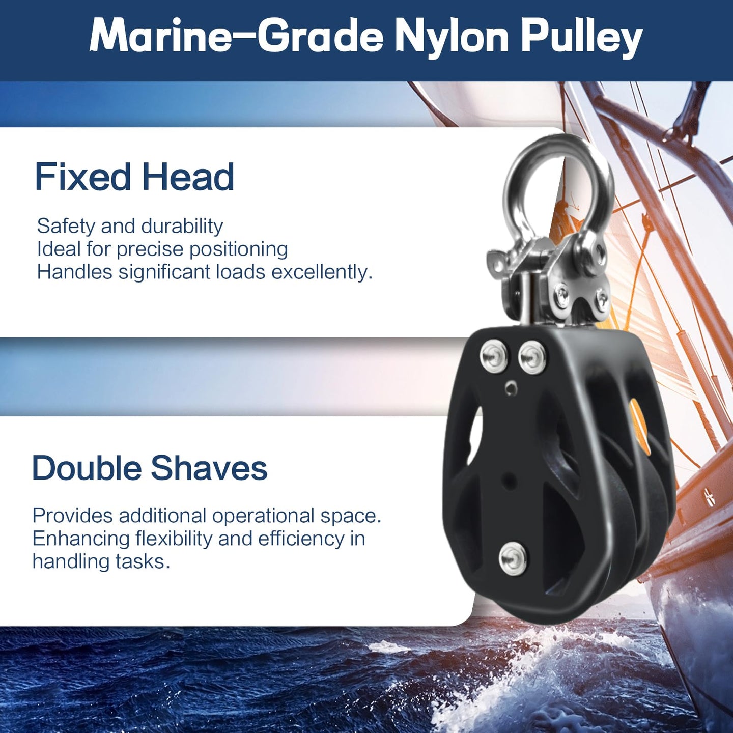 RiaYer marine-grade nylon pulley featuring a fixed head for precise positioning and double sheaves for increased efficiency.
