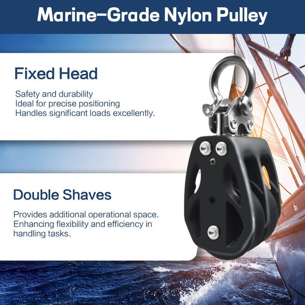 RiaYer marine-grade nylon pulley featuring a fixed head for precise positioning and double sheaves for increased efficiency.