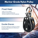RiaYer marine-grade nylon pulley featuring a fixed head for precise positioning and double sheaves for increased efficiency.