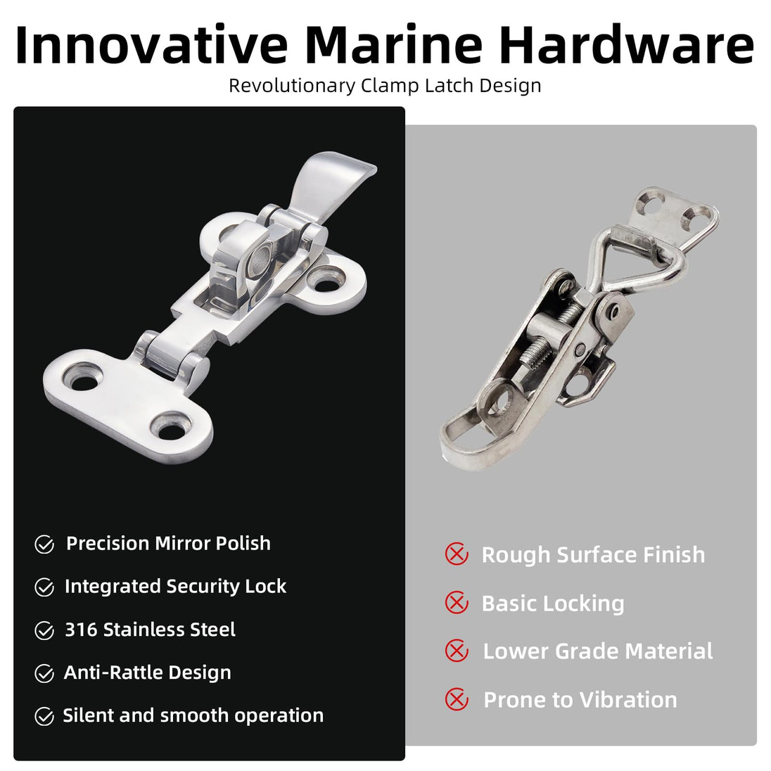 Comparison of RiaYer innovative marine hatch latch versus standard low-quality hardware.