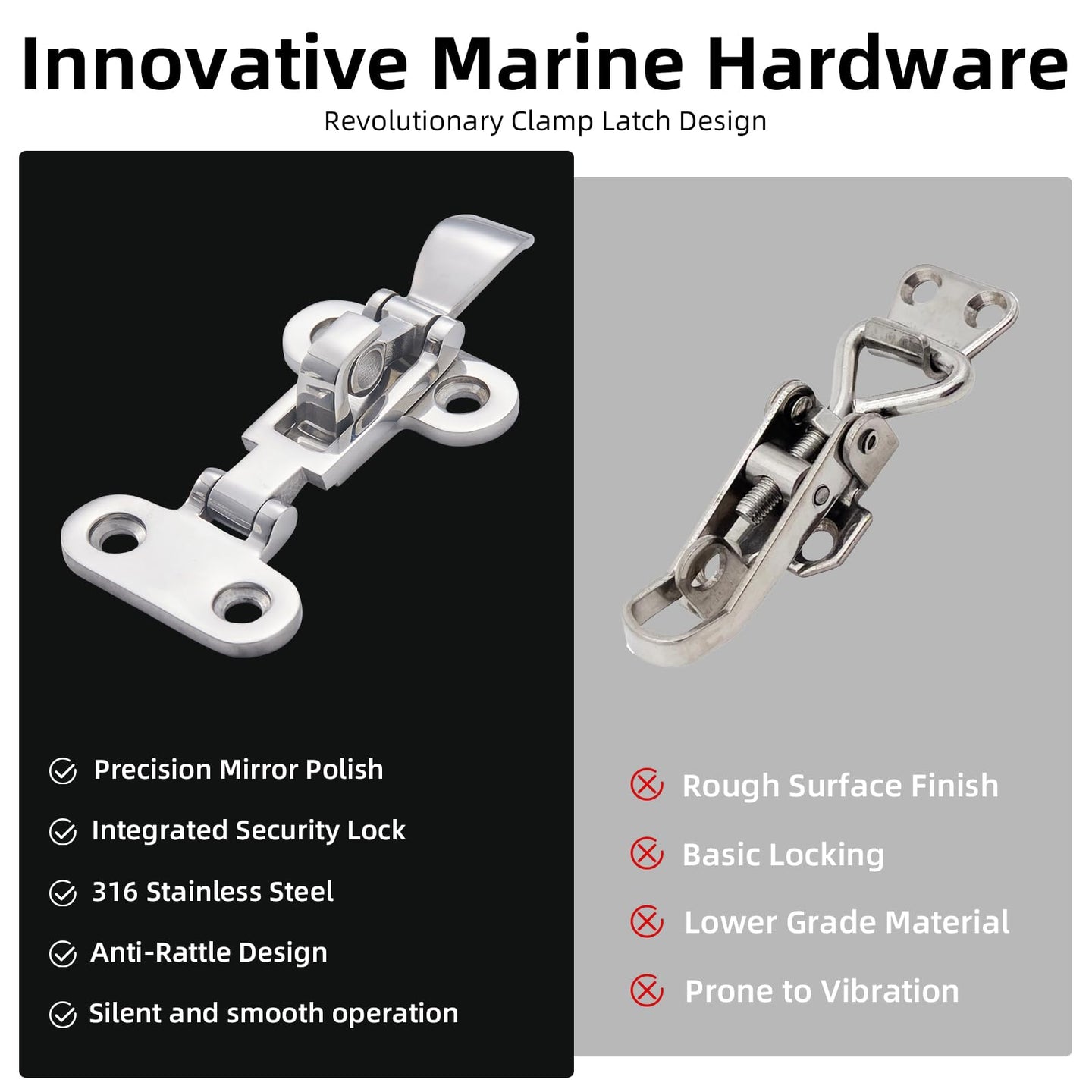 Comparison of RiaYer innovative marine hatch latch versus standard low-quality hardware.