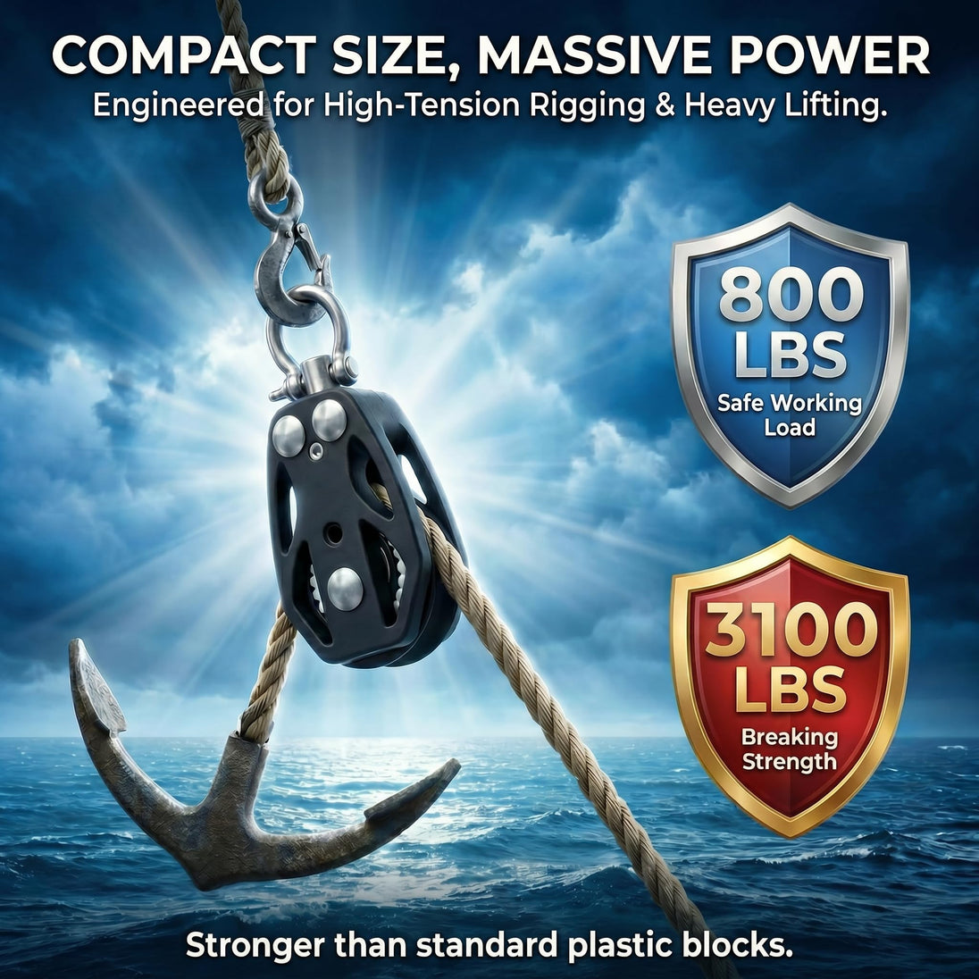 RiaYer heavy duty marine pulley block lifting an anchor demonstrating 800 lbs working load and 3100 lbs breaking strength