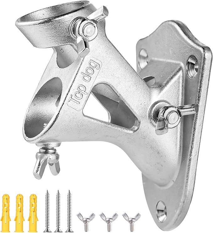 RiaYer heavy-duty 304 stainless steel dual-position flagpole bracket showing butterfly thumb screws and included mounting hardware kit