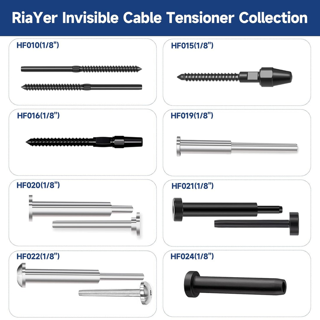 Overview of RiaYer invisible cable railing system components featuring flat head terminals